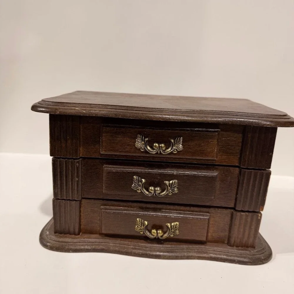 Vintage Wooden Jewelry Box 3 Drawer Chest Dark Brown Ornate Brass Hardware